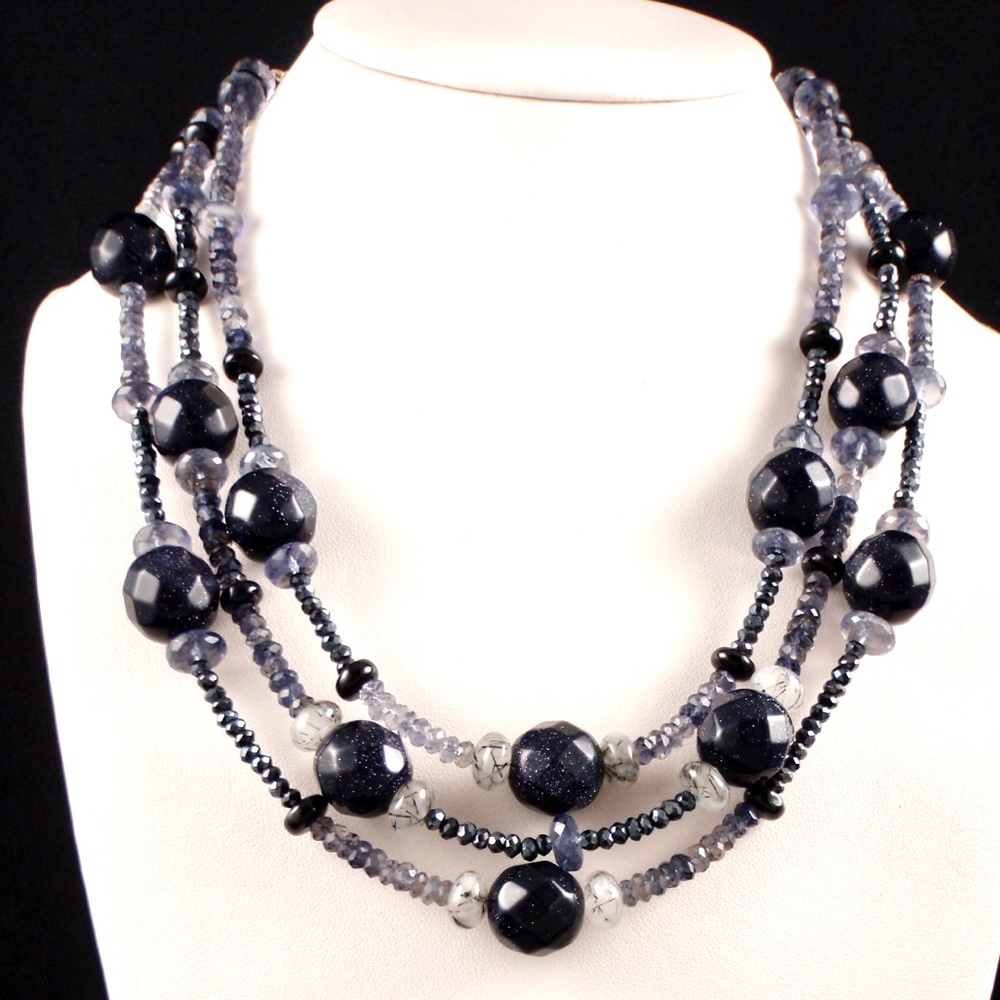 Blue goldstone 3-strand necklace 16”-18” long